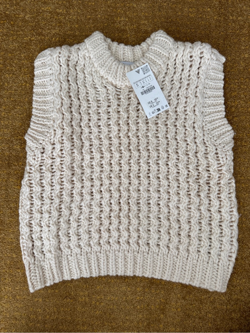 Zara Wool Blend Cream Chunky Cable Knit Sleeveless Sweater Vest US S